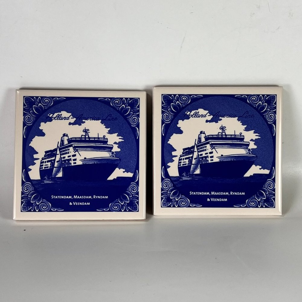 Holland America Line Cruise Ships Tile Coaster Ceramic Blue White Lot of 2